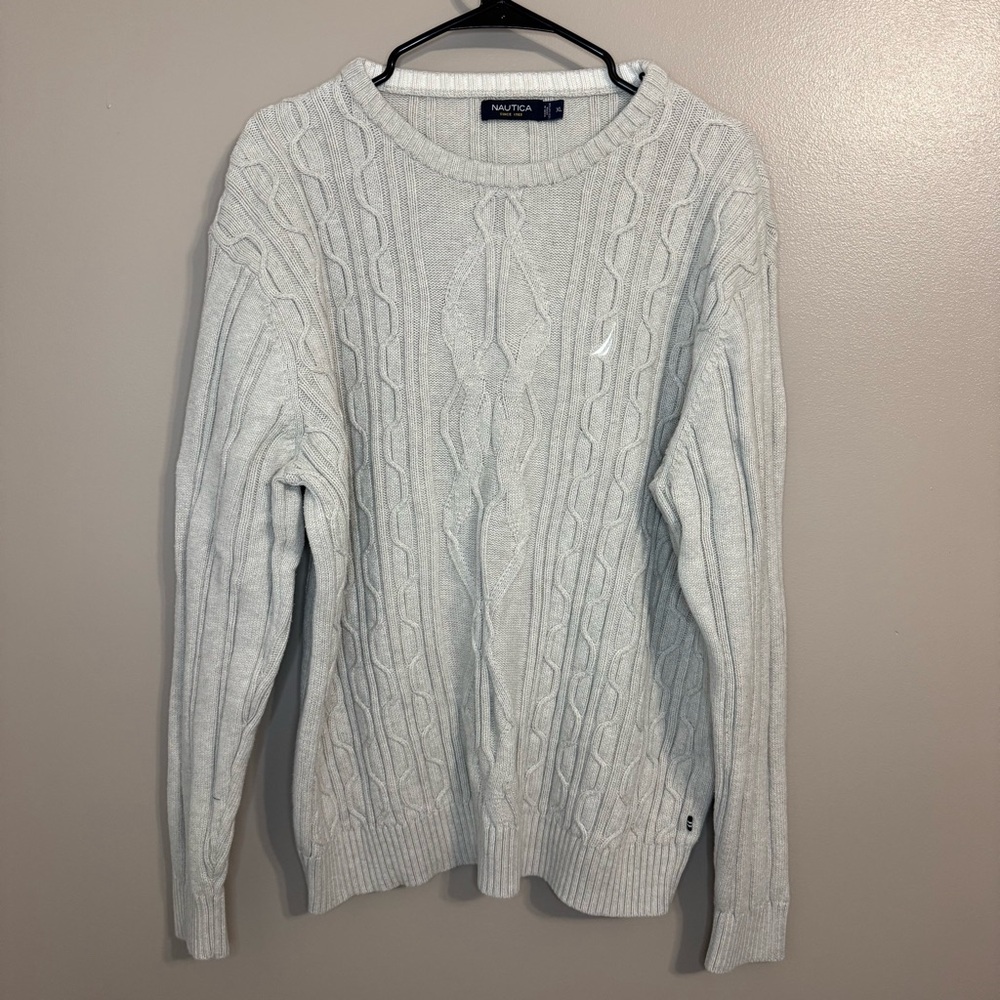 Nautica Light Gray Cable Knit Crewneck‎ Pullover Sweater Fisherman Men’s XL